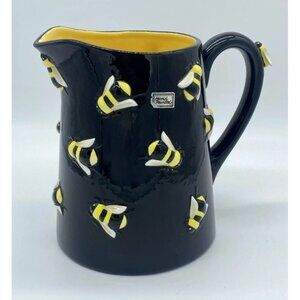 Department 56 BUZZ raised Bumble Bee Black Ceramic Pitcher 8" tall Hand Painted